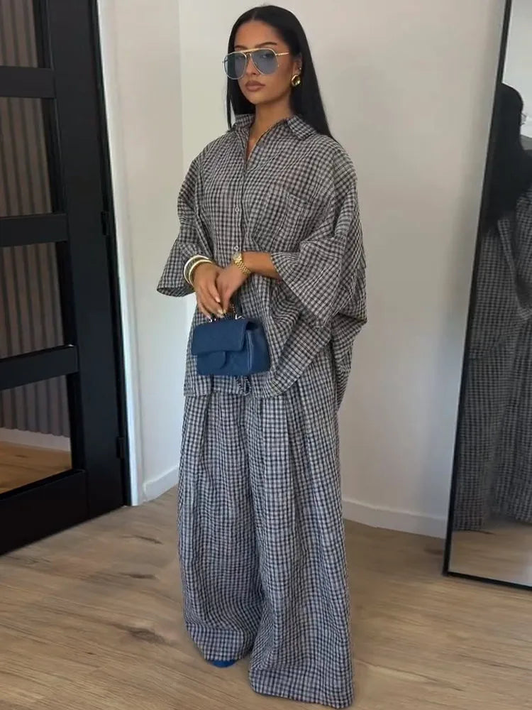 Turn-down Collar Full Sleeve Shirt Loose Bottom Plaid Set