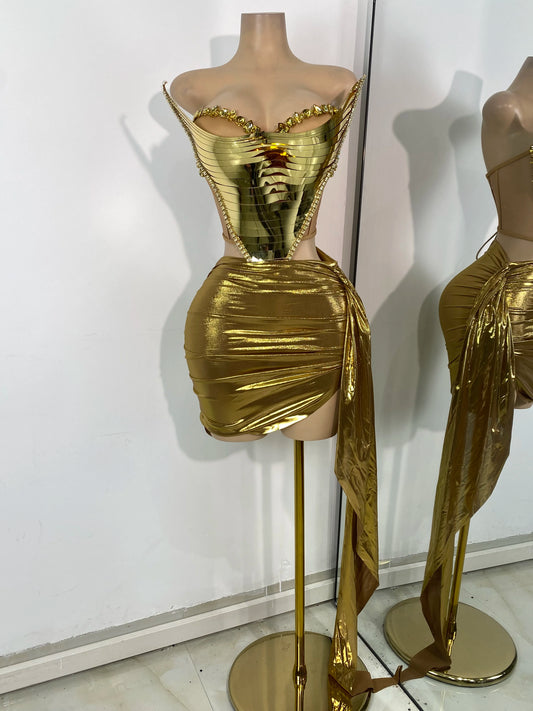 Sparkly Diamonds Silver Gold Two Pieces Backless Dress