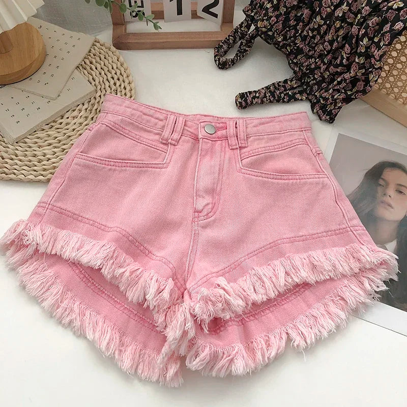 High Waisted Fringed Denim Shorts