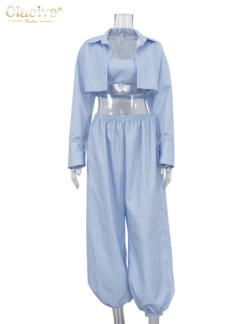Clacive Loose Stripe Print Women 3 Pieces Set