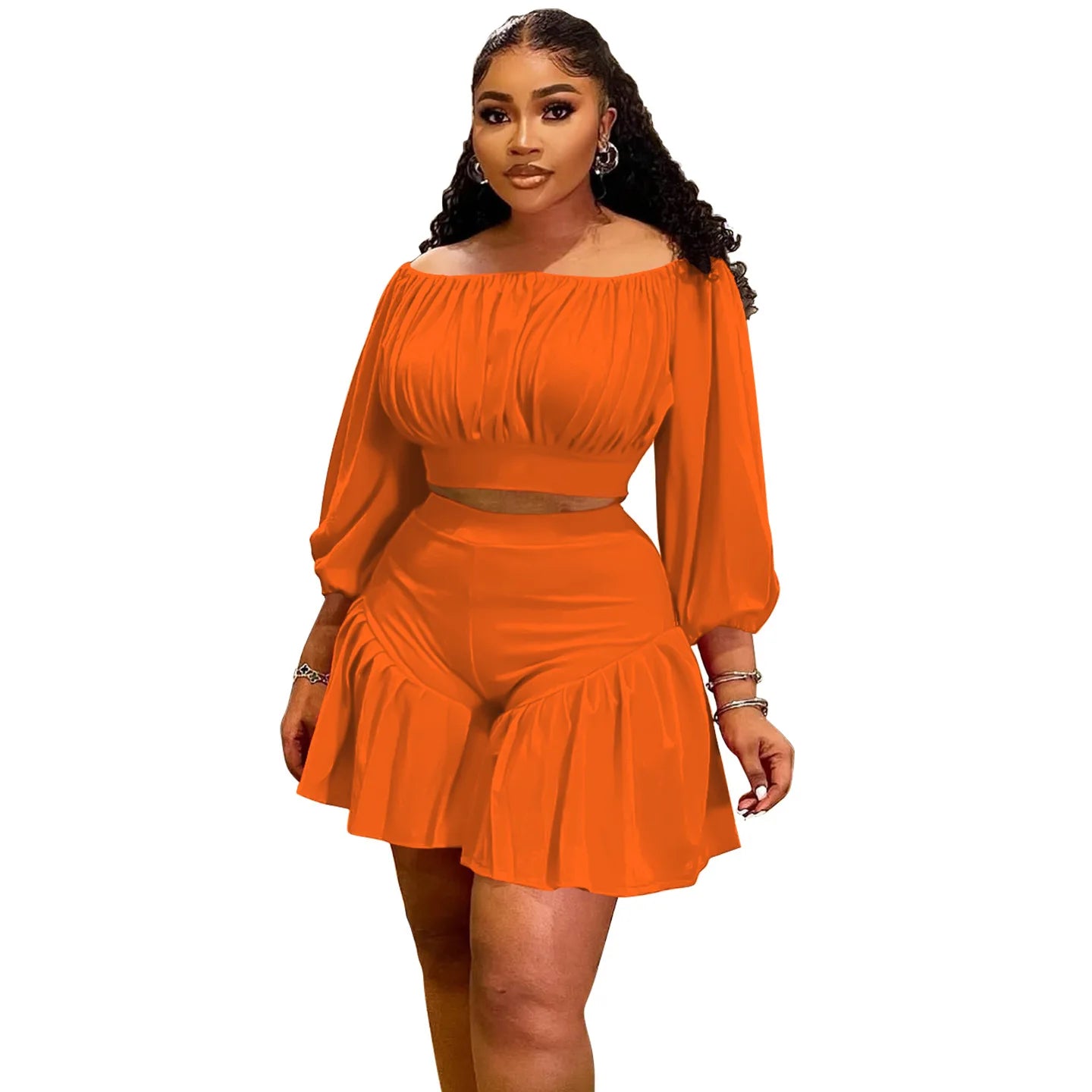 CM.YAYA Long Sleeve Slash Neck T-Shirt and Shorts Set