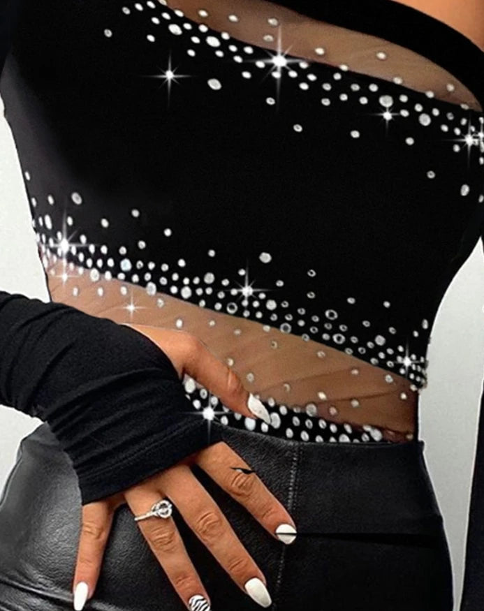 Rhinestone Bandeau Sheer Mesh Long Sleeve Tee