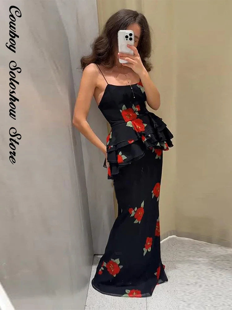 Printed Ruffle Top Skirt Set
