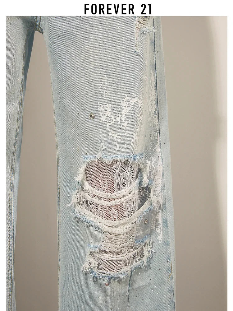 Ripped Lace Rhinestone Jeans