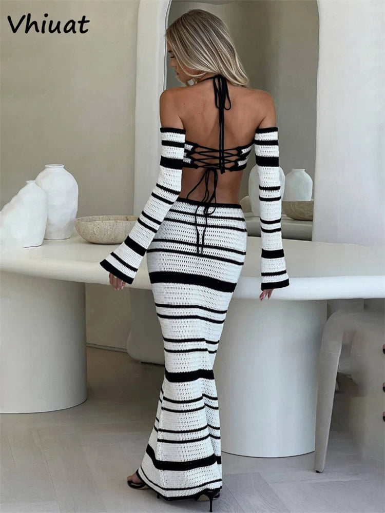 Vhiuat Striped Long Sleeve Tops Long Skirt Set