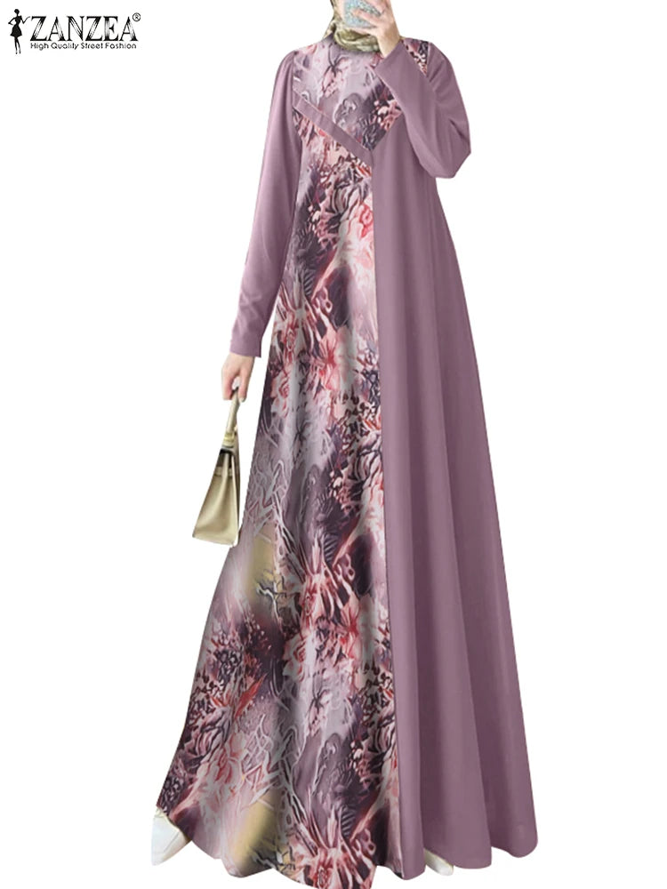 ZANZEA Women Elegant Long Sleeve IsIamic Robe Maxi Vestidos Muslim Patchwork Abaya Dubai Sundress Autumn Floral Printed Dresses