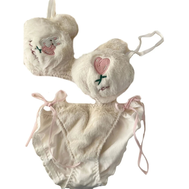 Cartoon Furry Panda Shape 2Pcs Women's Plush Bras and Panty Set Young Lady Japanese Lolita Style Underwear for Cosplay Party