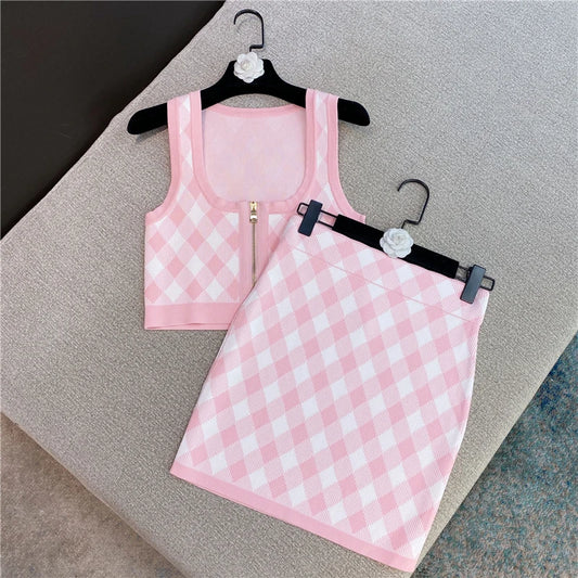 Knit Plaid Skirt 2 Piece Set