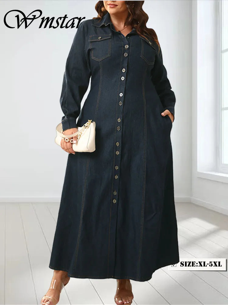 Denim Button Solid Maxi Dress