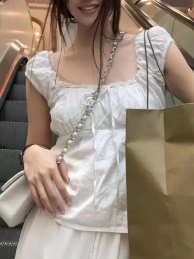 White Lace Tied Square Neck Summer Tee