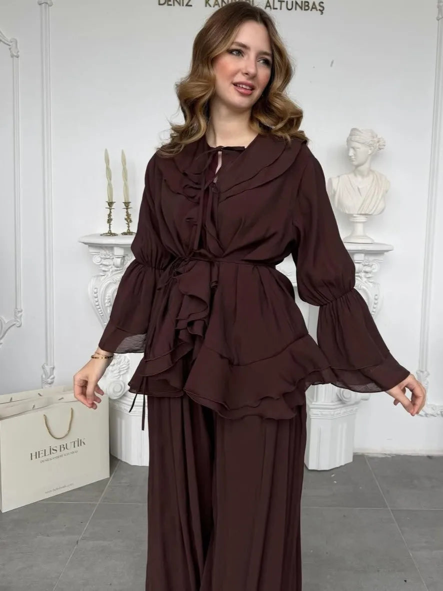 Women Top Wide Leg Pants 2 Piece Set Ramadan Eid Muslim Blouse Trousers Arabic Outfits Morocco Lace Up Dubai Islam Ensemble