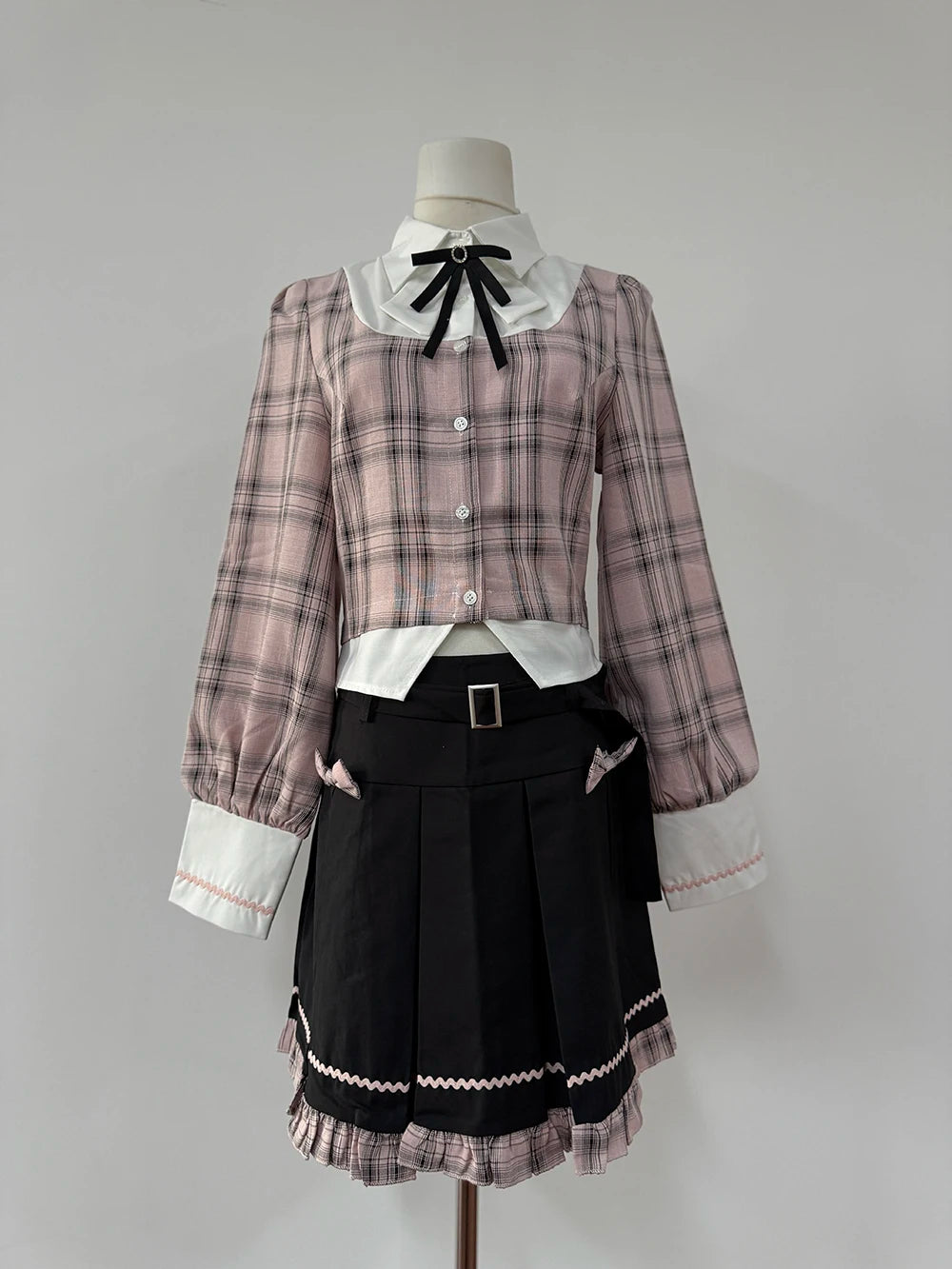 Sweet College Plaid Patchwork Shirt Pleated Skirt Set