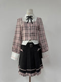 Sweet College Plaid Patchwork Shirt Pleated Skirt Set