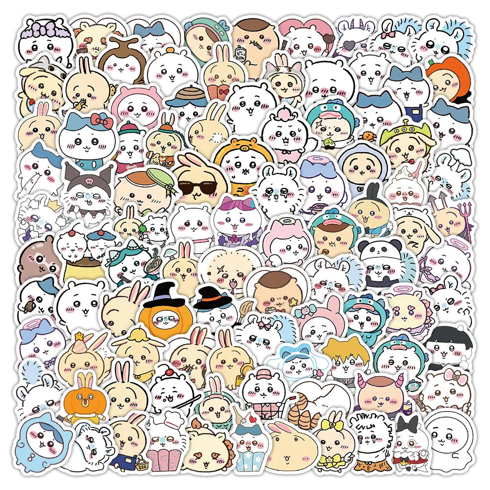 102pcs Chiikawa Graffiti Stickers Cartoon Hachiko and Usagi Cute Decorative Water Cup Phone Case, Creative DIY Anime Stickers
