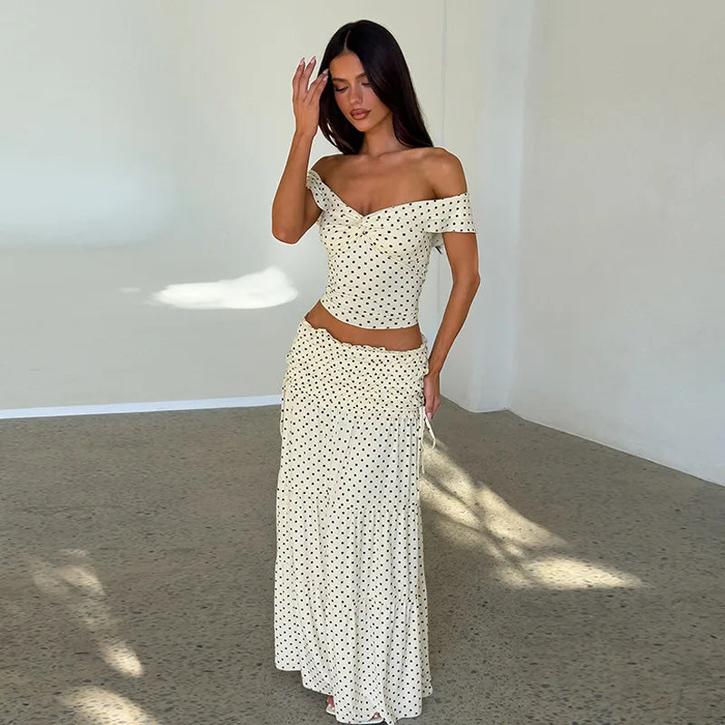 Polka Dot Crop Top And Side Bow Skirt Set