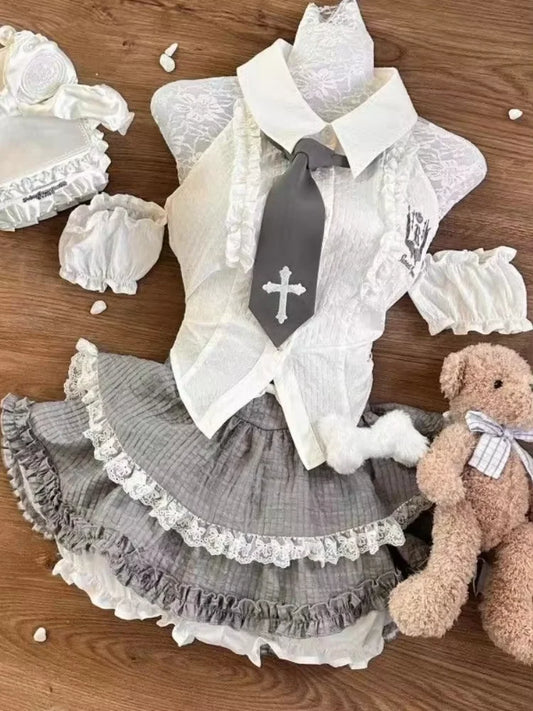 Long Sleeve Cardigan Tops + Slim Bow White Vest + High Waist Ruched Lace Cake Skirt Set