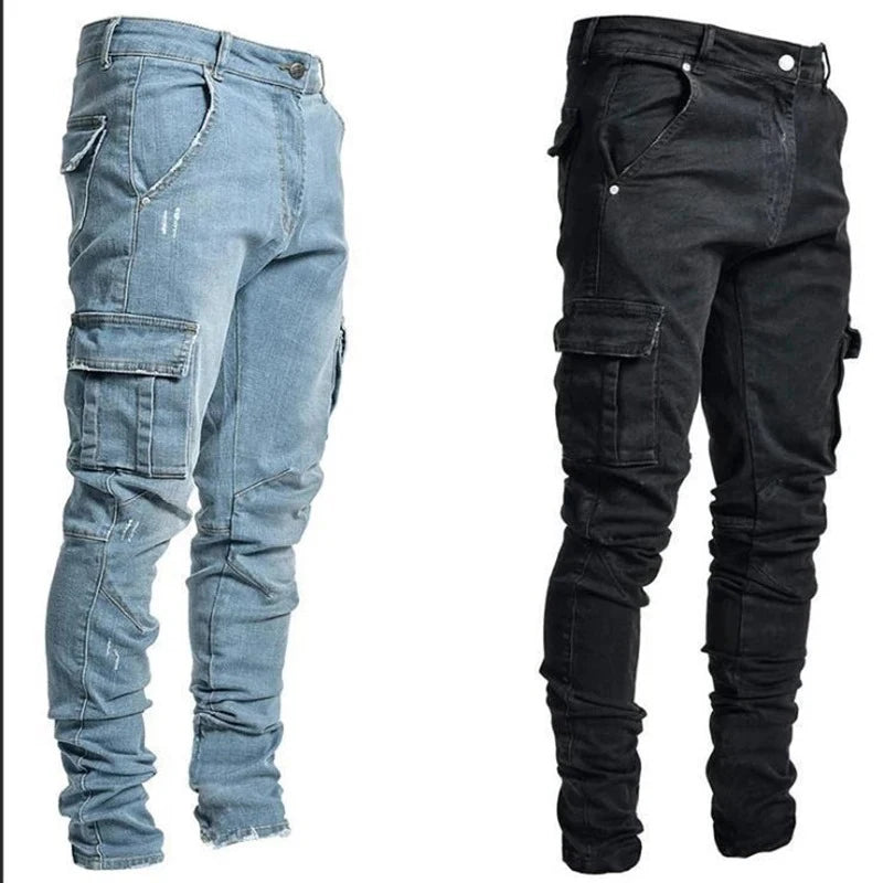 Slim Fit Cargo Denim Pants with Side Utility Pockets