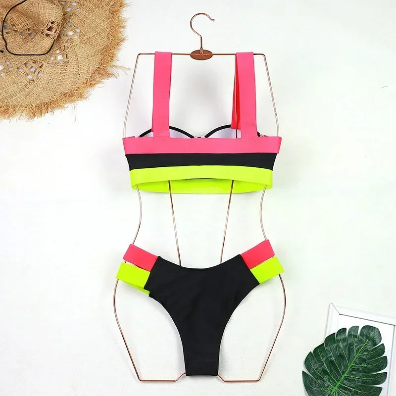 Push Up Leopard Block Color Patchwork Double Bandages High Waist Bikini