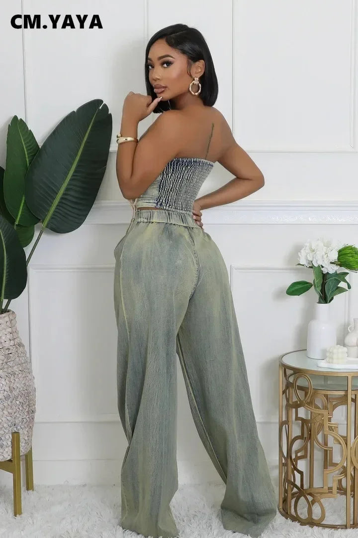 CM.YAYA Denim Set Sleeveless Strapless Top +Loose Jeans Pants