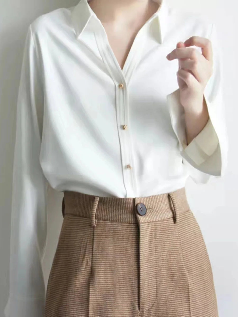 Metallic Buttons V-Collar Long-Sleeved Blouse