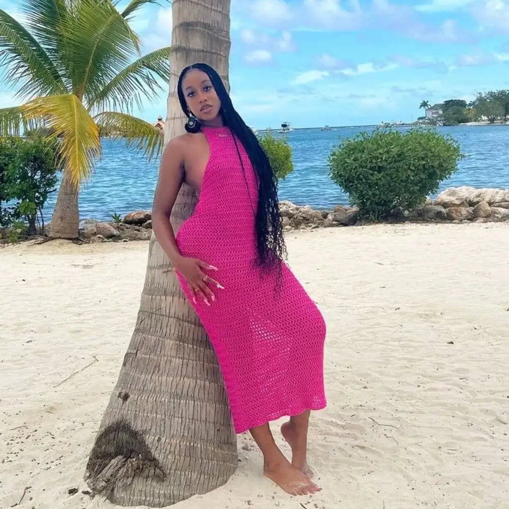 Puloru Halter Tie-up Knit Beach Dress