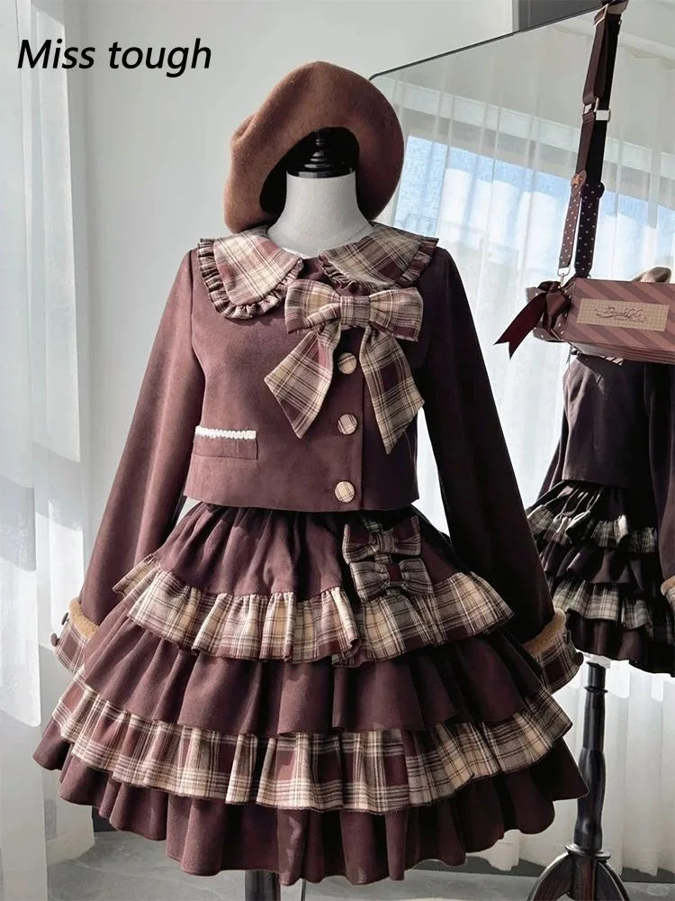 Brown Checkered Bow Coat + Cake Mini Skirt Set