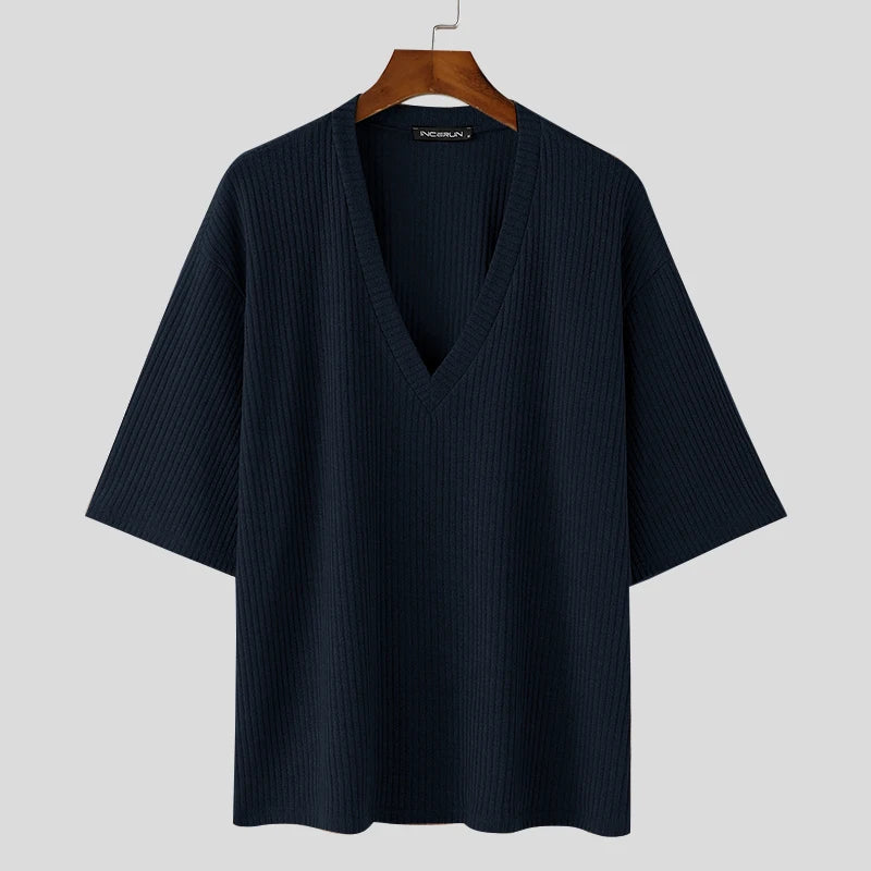 V Neck Half Sleeve Solid Color Ribbed Knitted Shirt