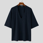V Neck Half Sleeve Solid Color Ribbed Knitted Shirt