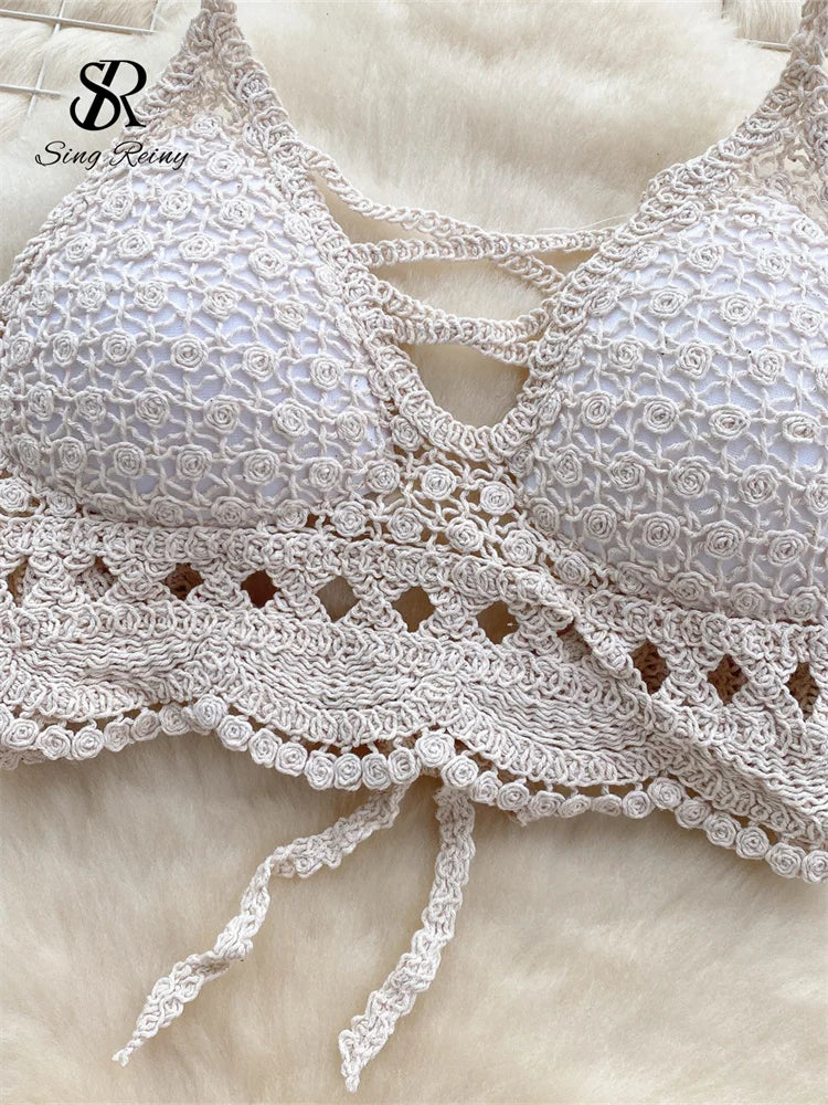 SINGREINY Knitted Suit Backless Sexy Cami + Hooked Hollow Wide Legs Shorts Set