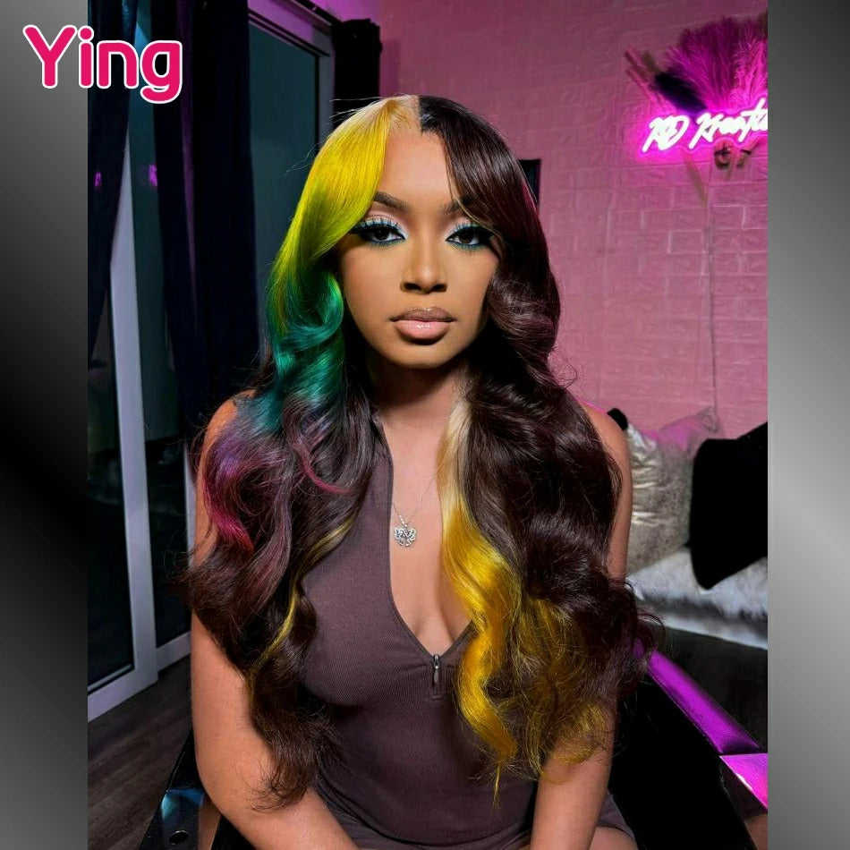 Multicolor Yellow Green Colored Body Wave Lace Front Human Hair Wig