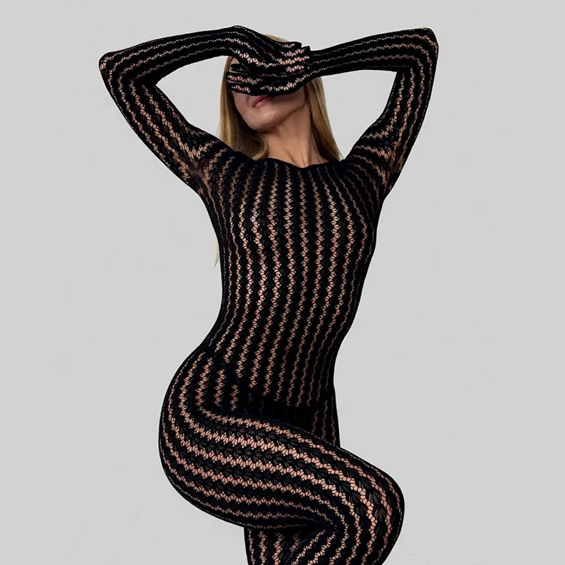ブラックジャンプスーツ レディース セクシー フィッシュネット シースルー ロングロンパース 2026年 夏 レディース パンツ スキニー ロンパース ジャンプスーツ オーバーオール パンティーストッキング