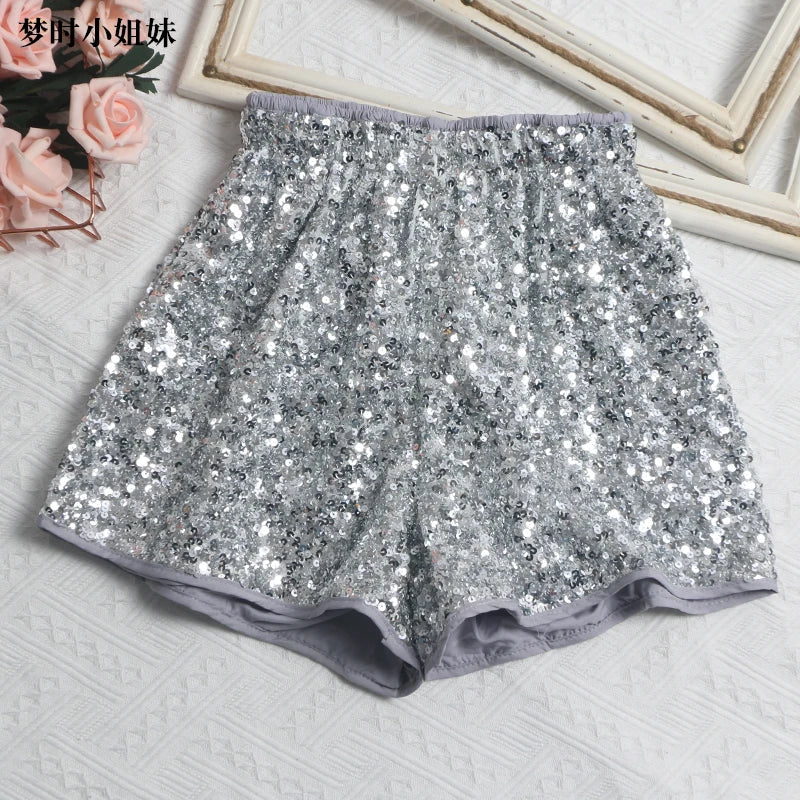 Sequin Elastic Waist A-line Shorts