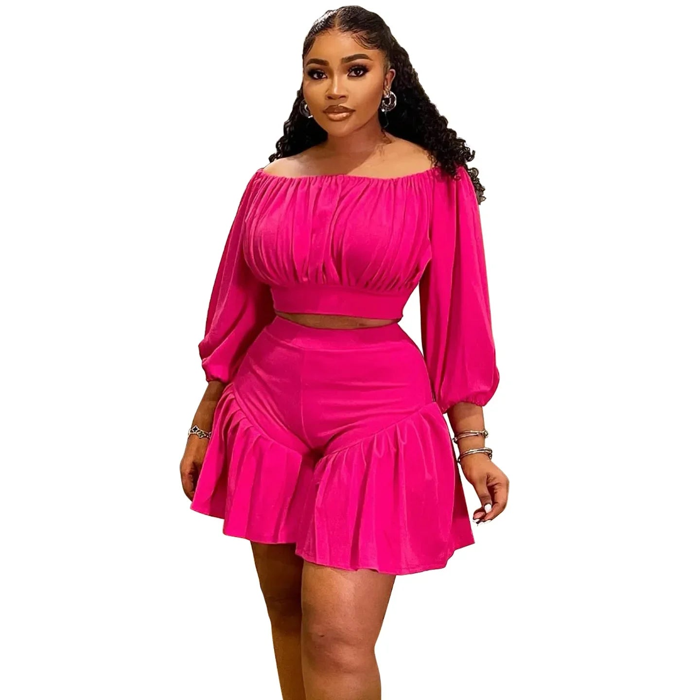 CM.YAYA Long Sleeve Slash Neck T-Shirt and Shorts Set