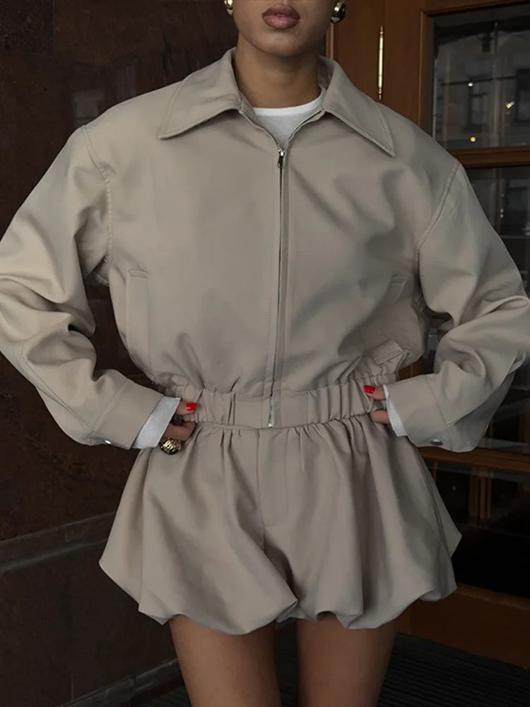 Lapel Long Sleeves Zipper Elastic Band Wide Legs Set