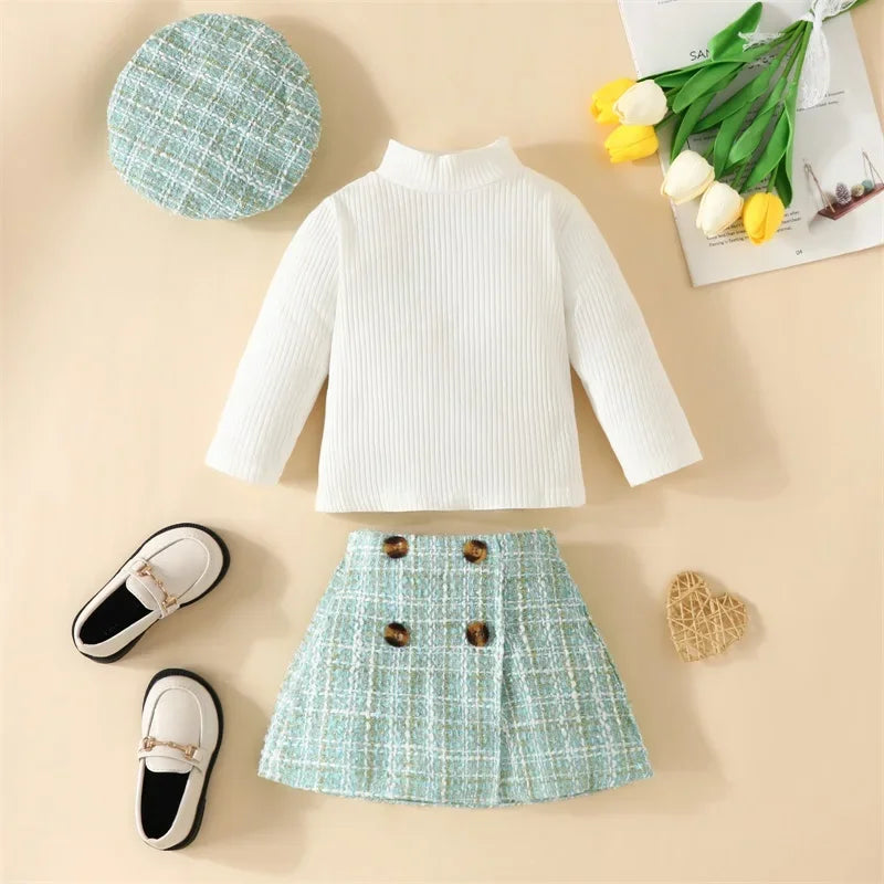 Long Sleeve Tops Plaid Pattern Skirt Beret 3 Piece Set