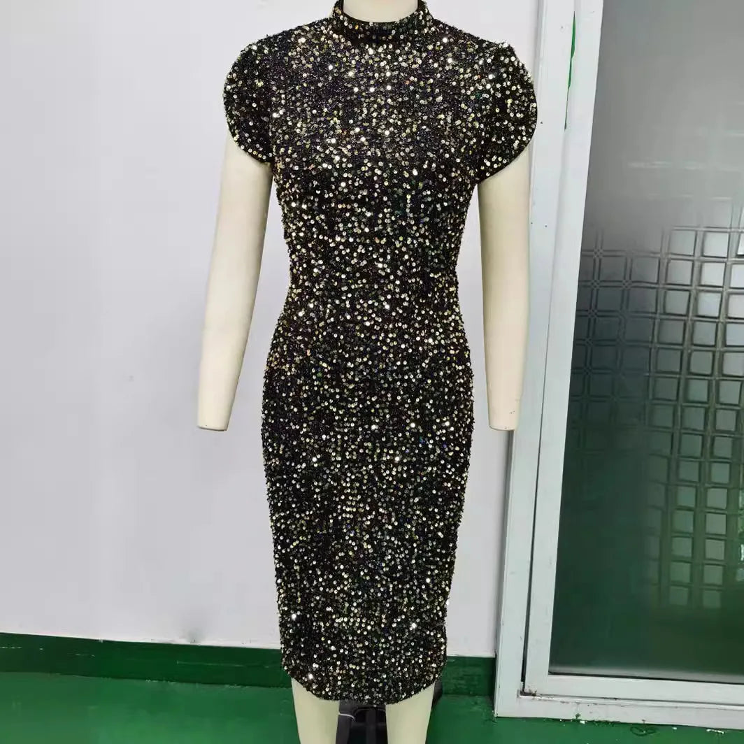 Sleeveless Shiny Sequins Luxury Evening Dress