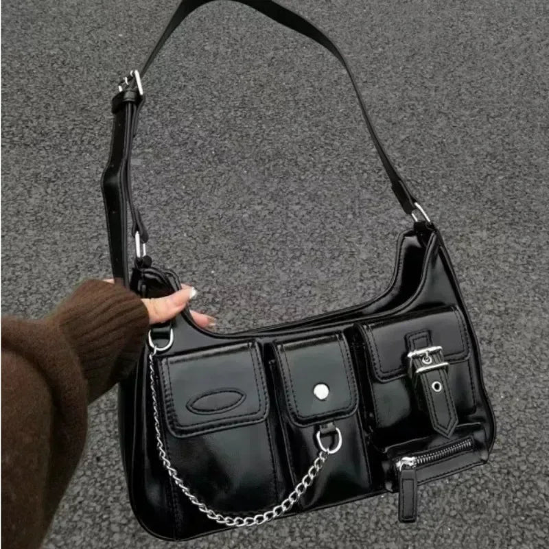 Faux Leather Multi-Pocket Baguette Handbag