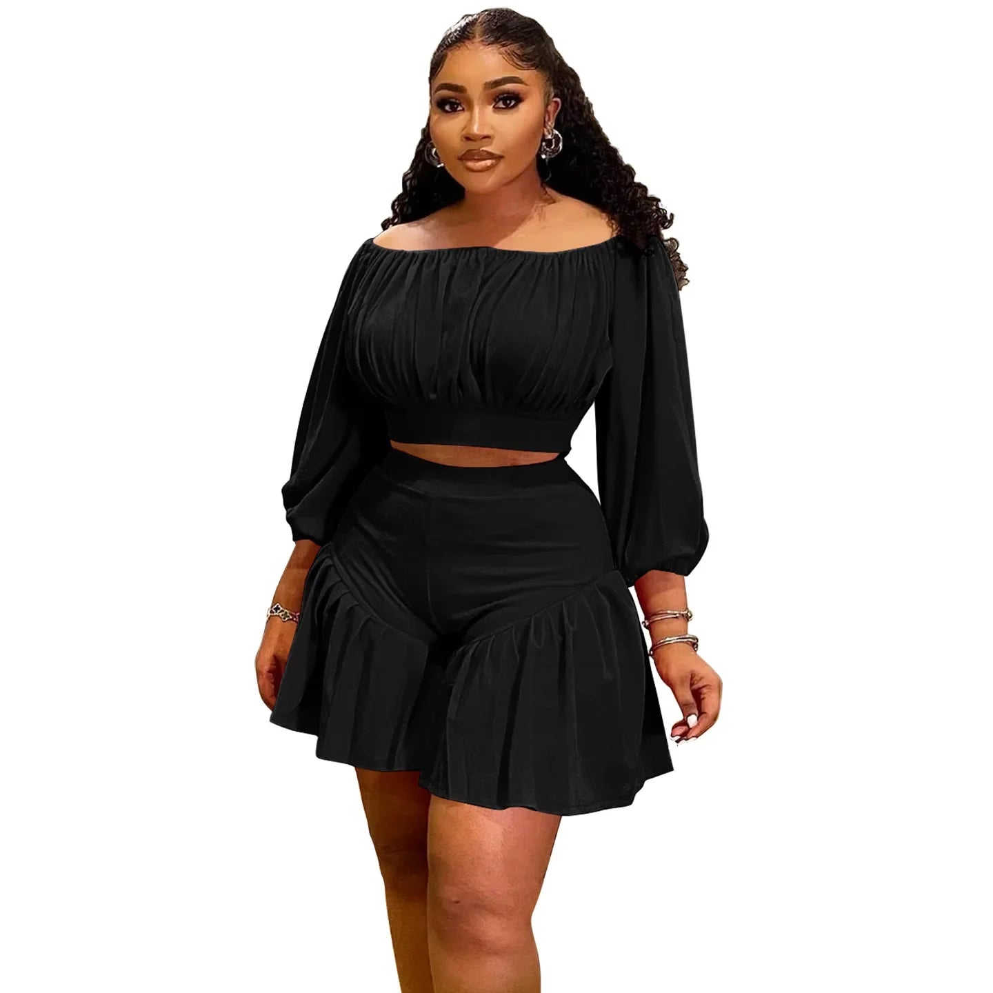 CM.YAYA Long Sleeve Slash Neck T-Shirt and Shorts Set
