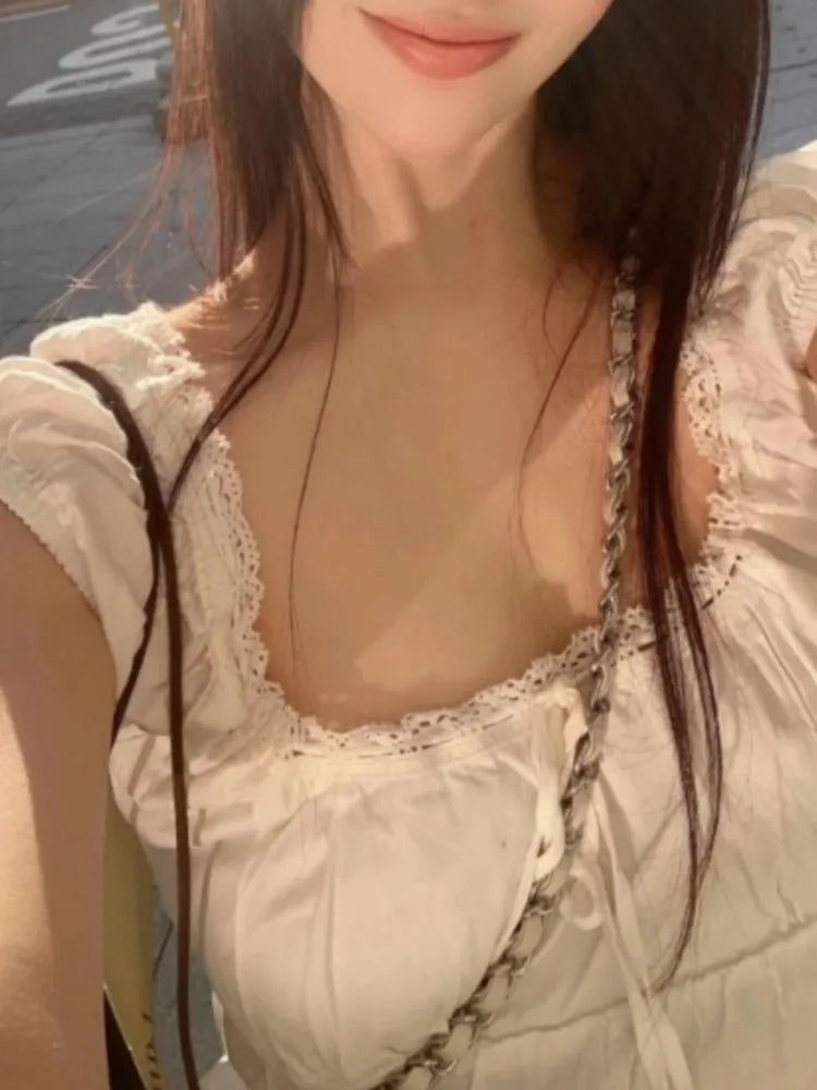 White Lace Tied Square Neck Summer Tee