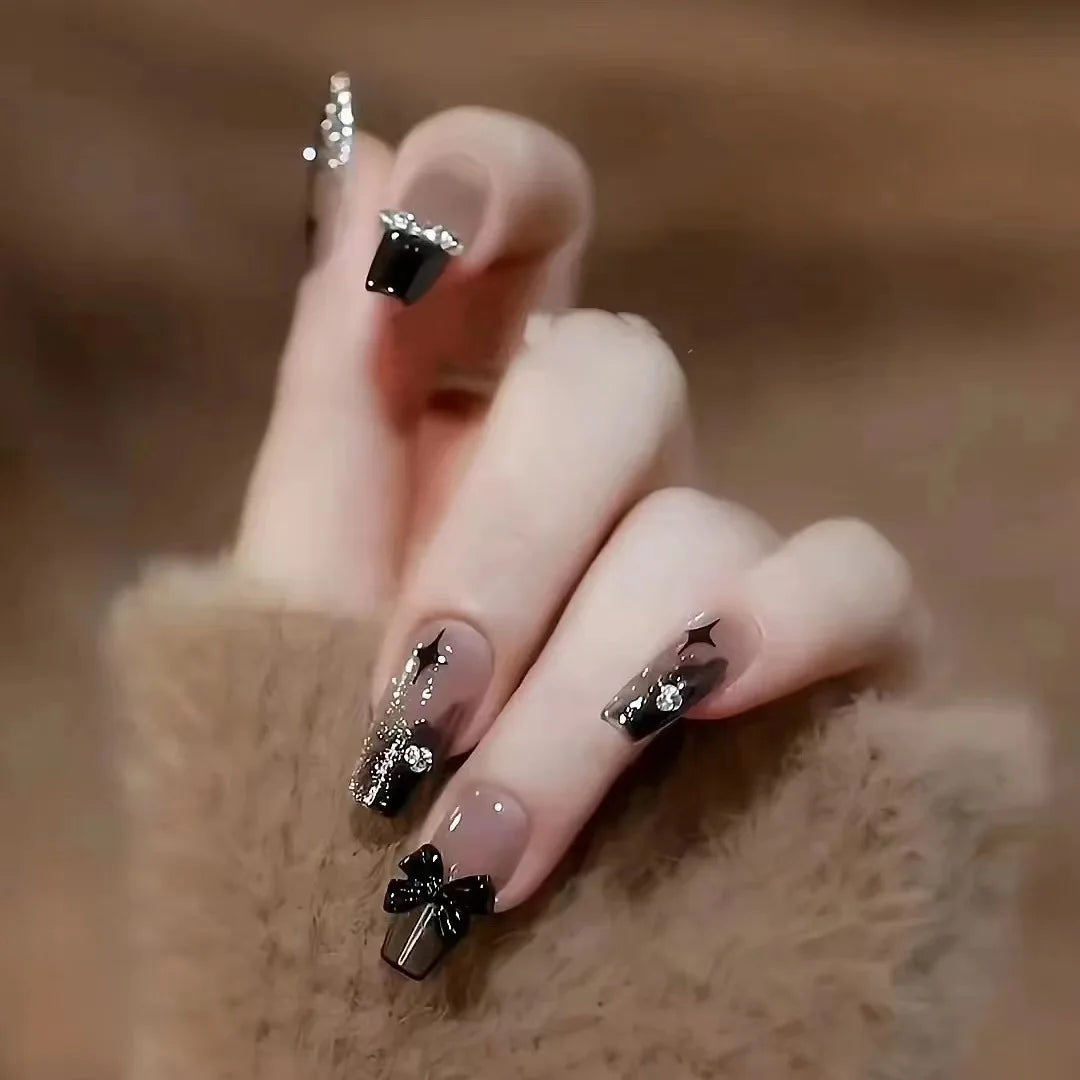 24pcs/box black press on nail tips 3D Heart Bow Rhinestone Y2k Long Ballet Fake Nails Full Cover Wearable Glossy DIY False Nails