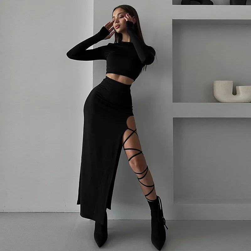 Long-Sleeved Round Neck Top Slim Strap Slit Skirt Set