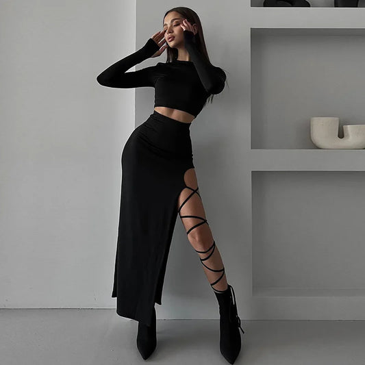 Long-Sleeved Round Neck Top Slim Strap Slit Skirt Set