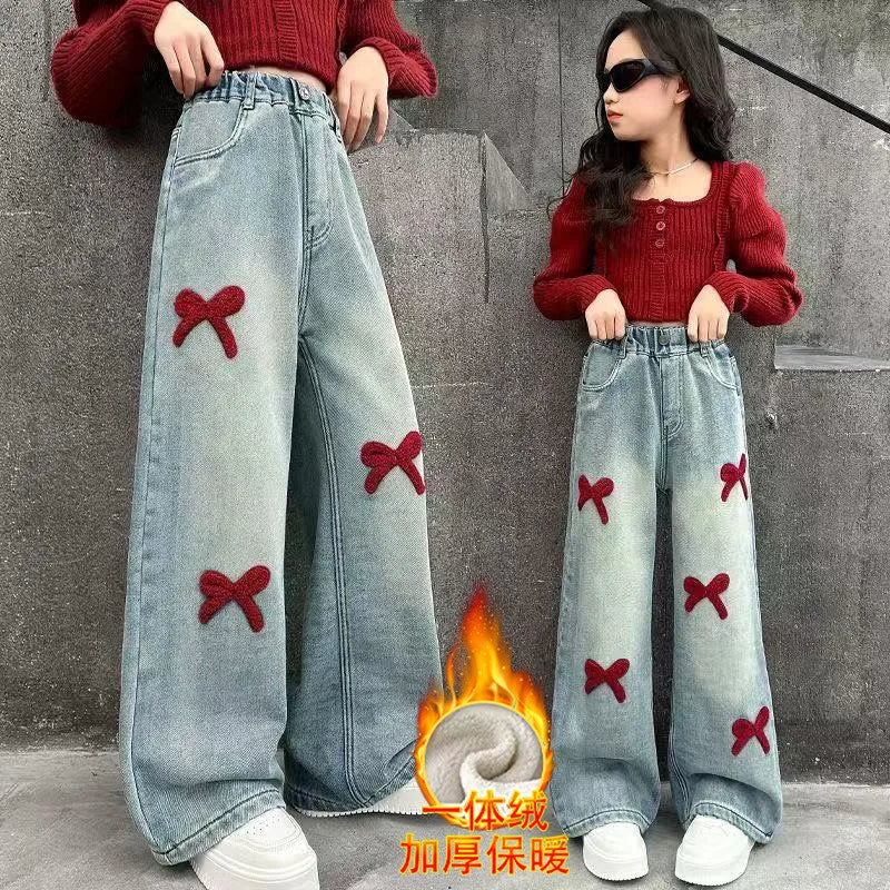 Bow Print Lining Plush Wide-Leg Denim Pants