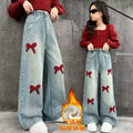 Bow Print Lining Plush Wide-Leg Denim Pants