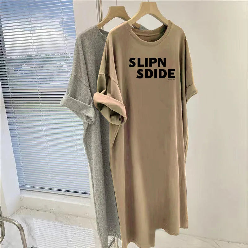 Simple Letter Printed Loose Short Sleeved Dress