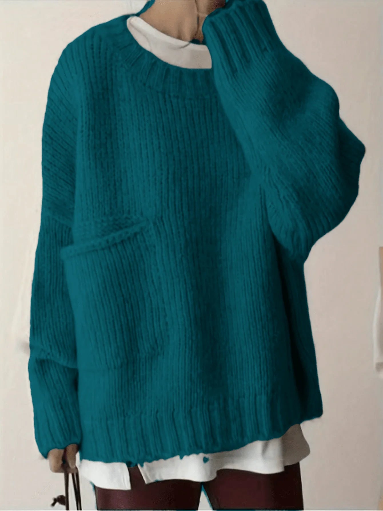 Crew Neck Long Sleeve Pullover Sweater with Side Pockets