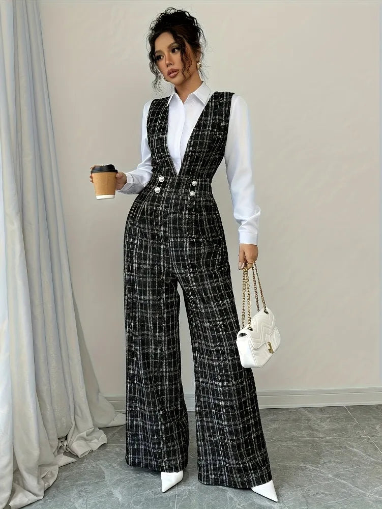 High Waist Wide Leg Plaid Tweed Jumpsuit