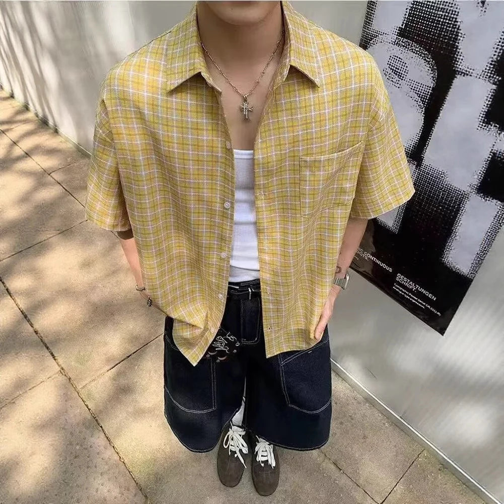 Plaid Lapel Short Sleeved Shirt