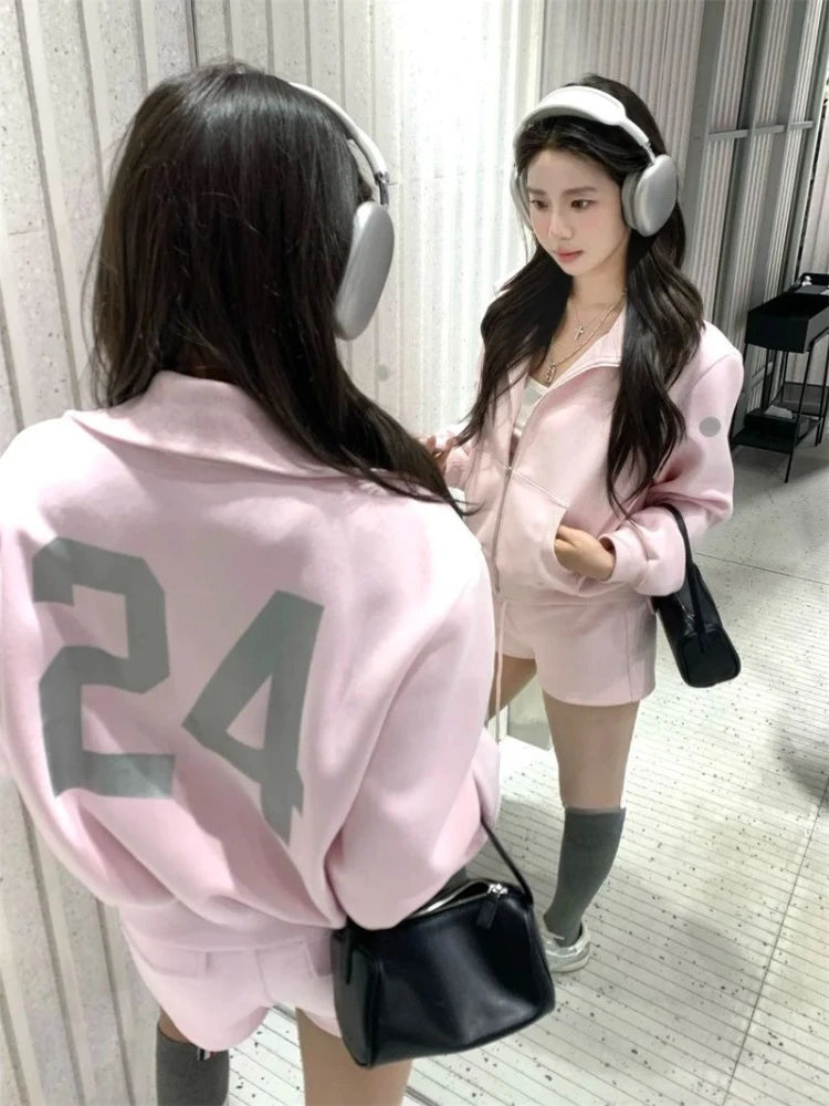 Zipper Hoodie Jacket + High Waist Straight Shorts Set