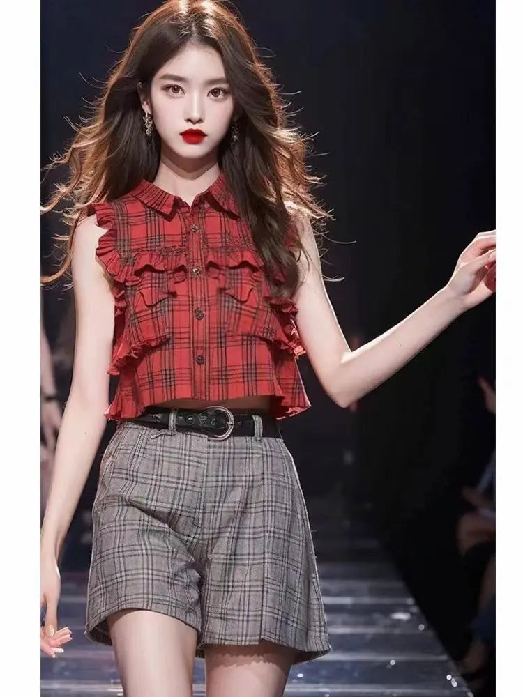 Plaid Ruffles Patchwork Crop Top